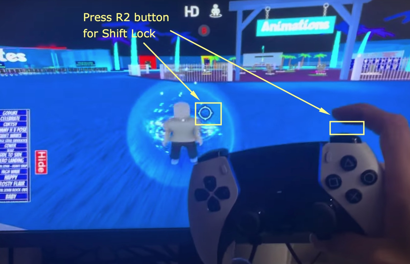 Using R2 to Shift Lock on Roblox PS4/PS5.