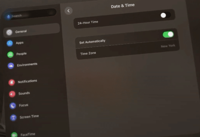 Changing time zone on Apple Vision Pro.