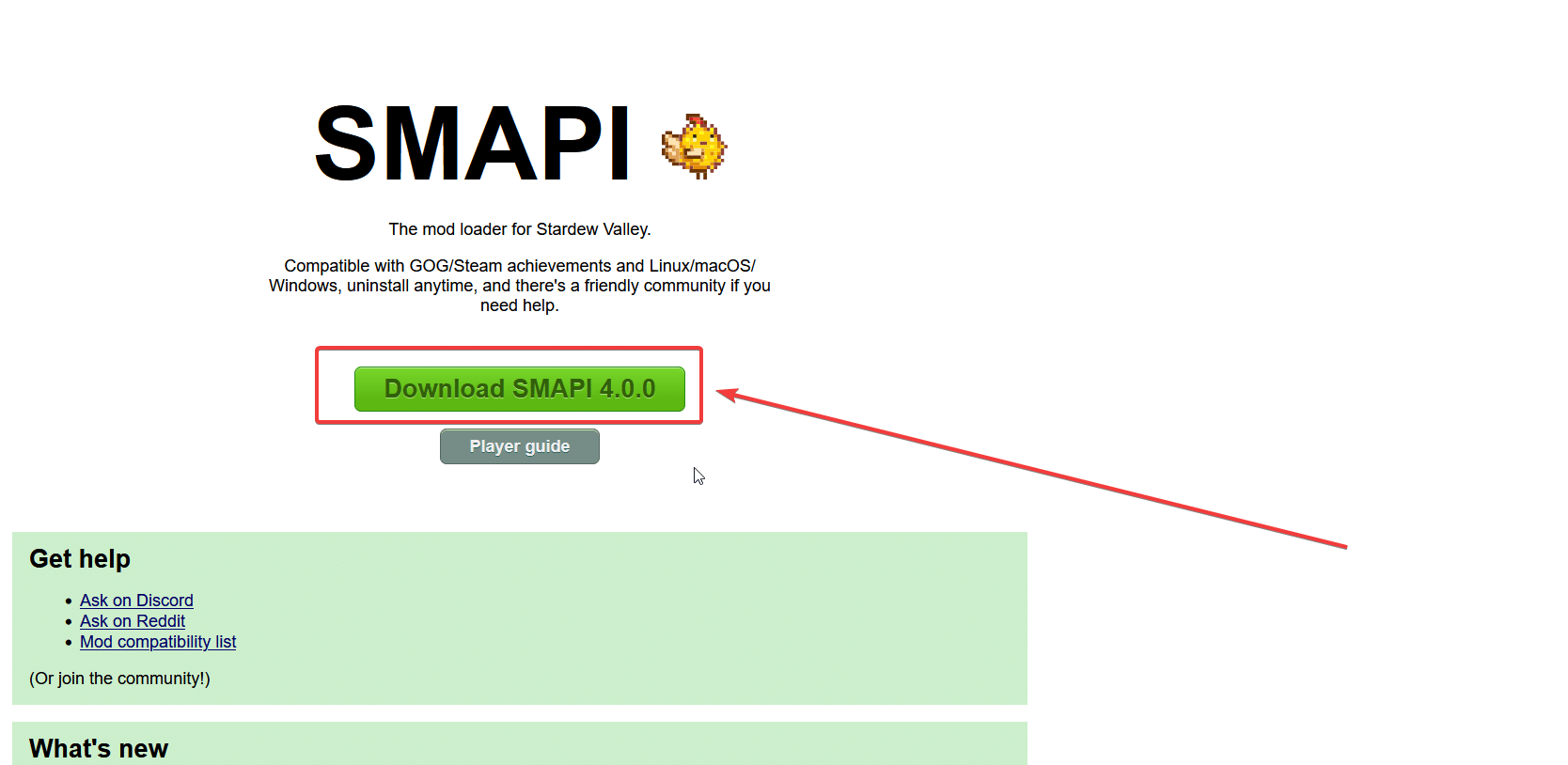 SMAPI Official Site Homepage with latest version download.