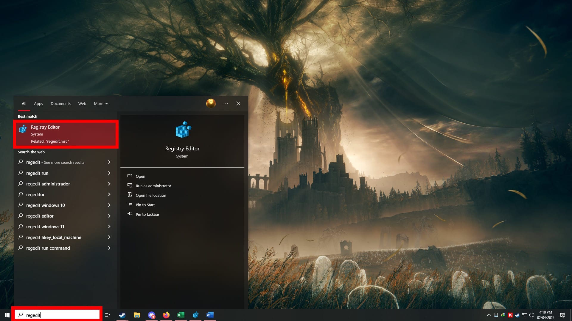 Searching Regedit on Windows 10