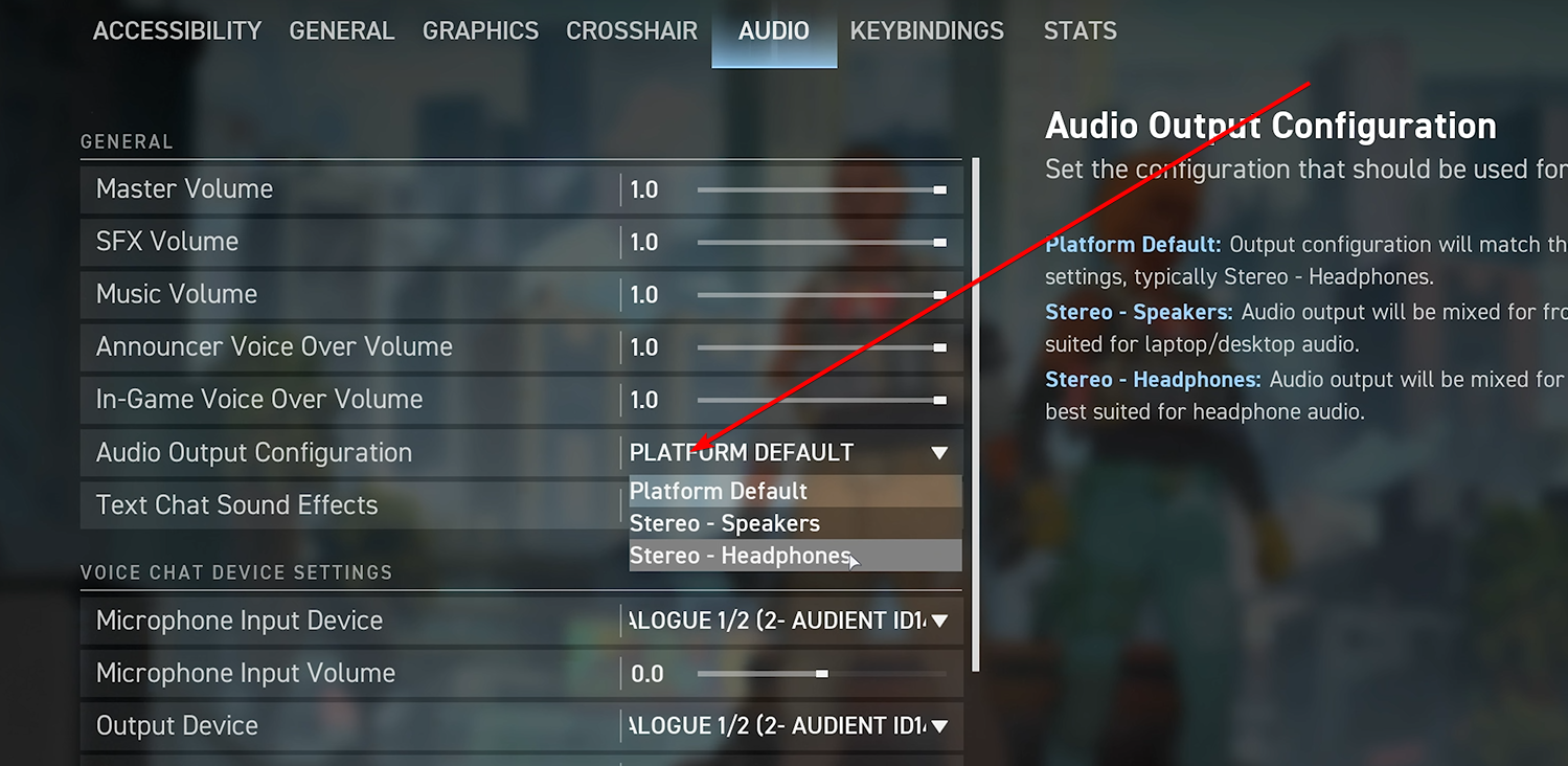 Audio Output Configuration in Spectre Divide.