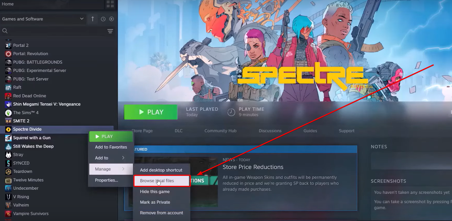 Browse local files option for Specter Divide on Steam.