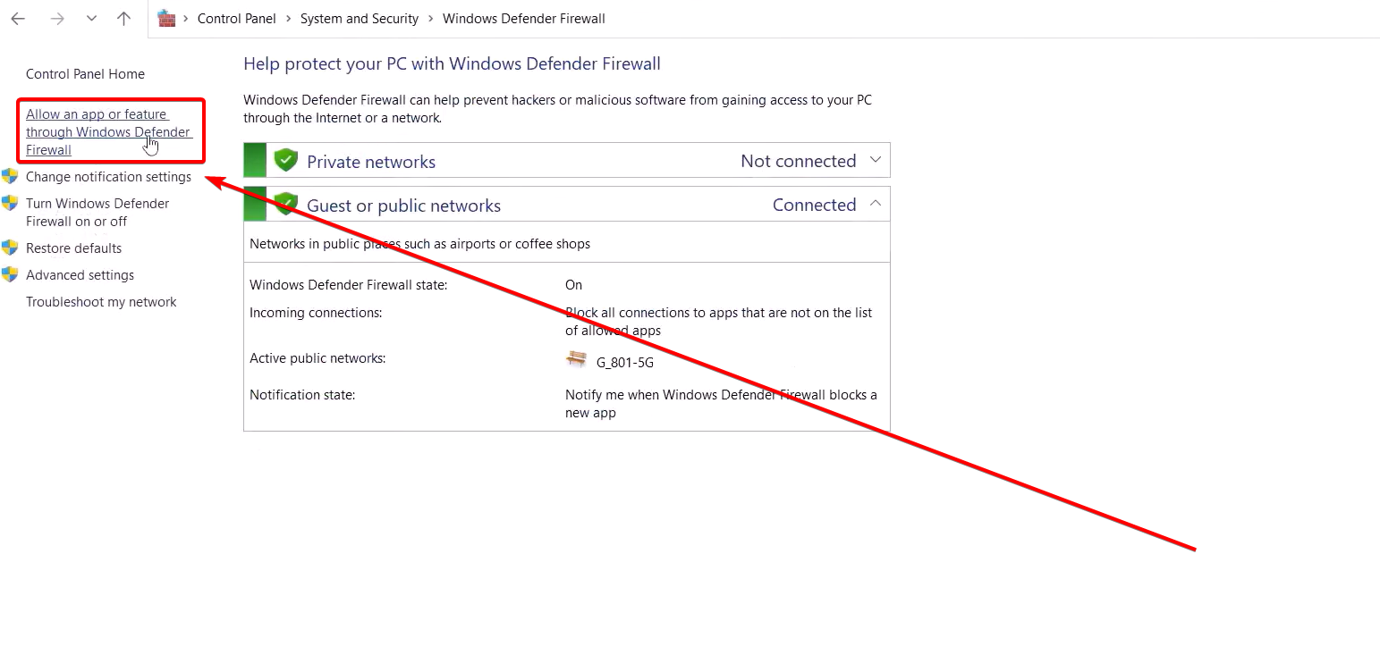 Add an app or feature option for Windows Defender Firewall.