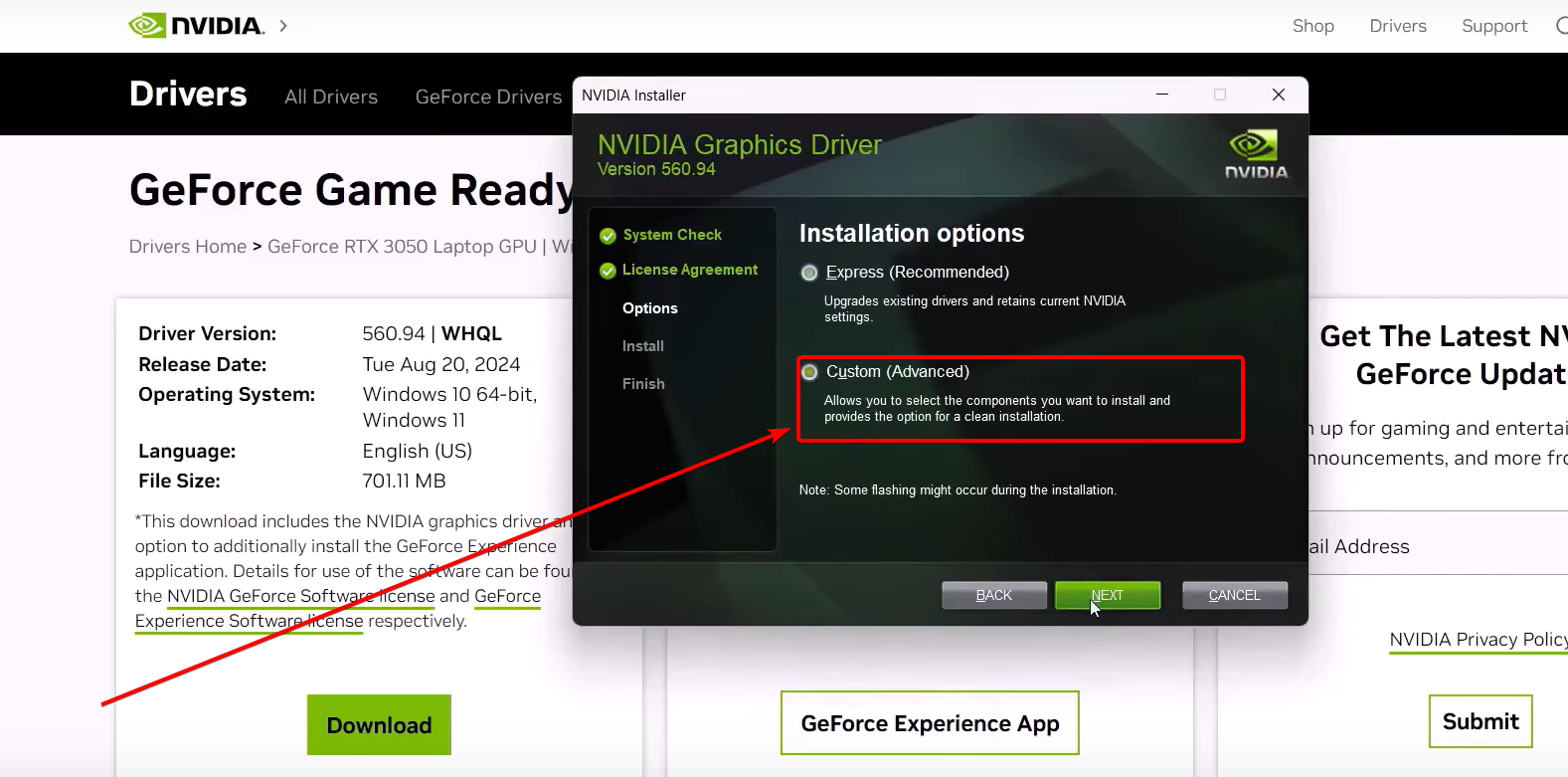 Custom advanced option for Nvidia driver installation.