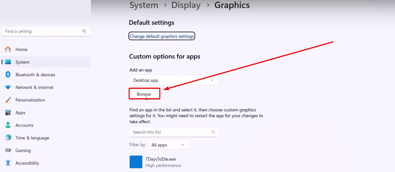 Browse apps on Graphic Settings.