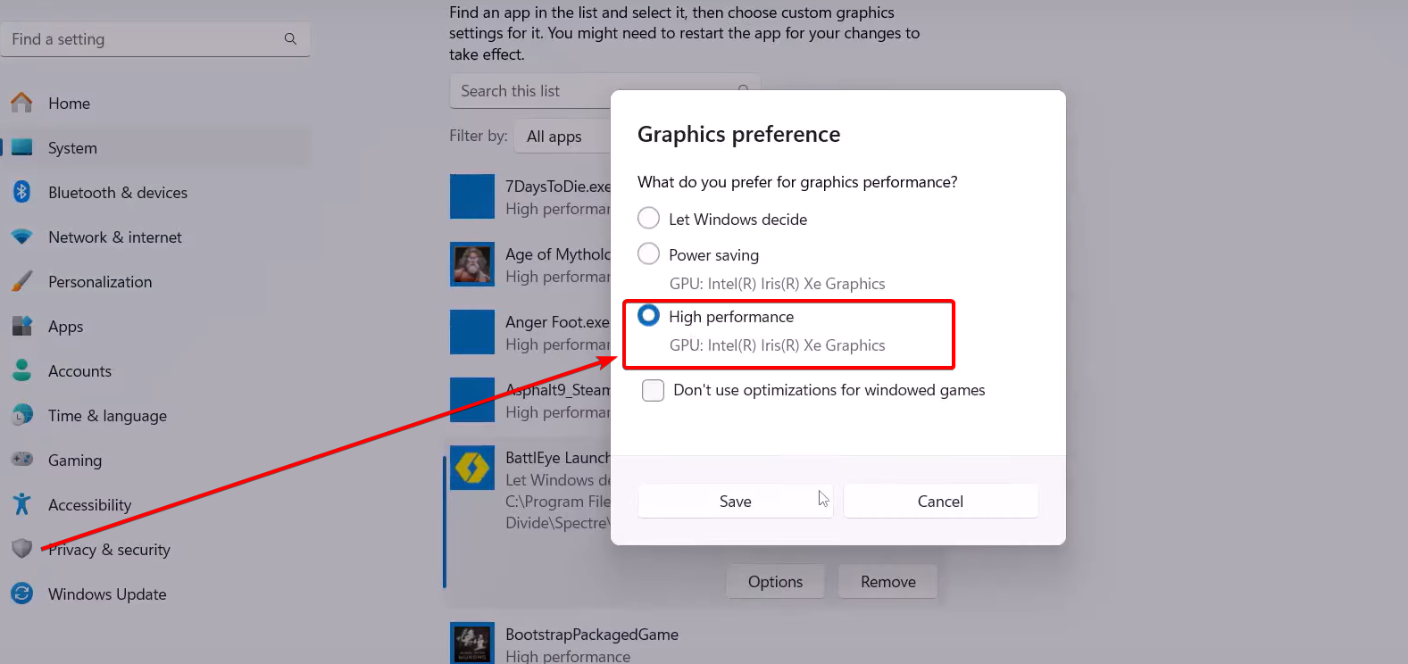 Selecting High Performance graphics preference.