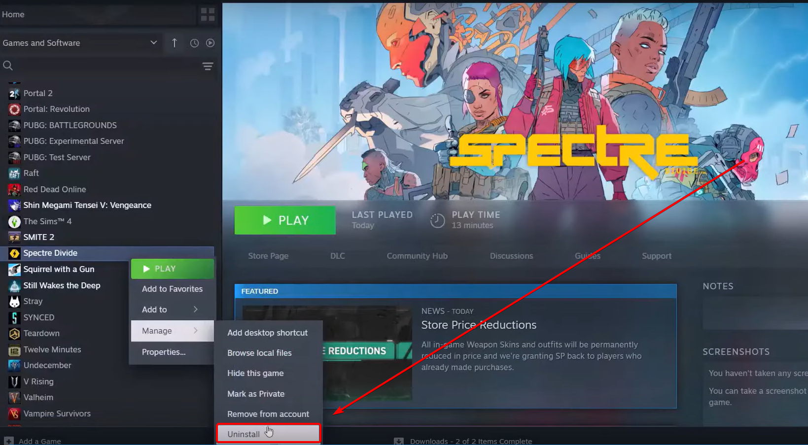 Uninstalling Spectre Divide on Steam.