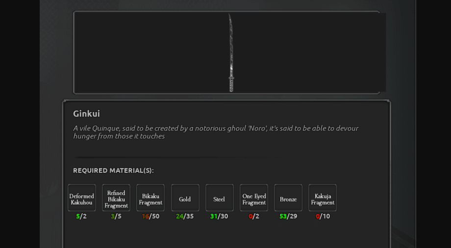 Ginkui crafting materials and requirements in Ghoul RE