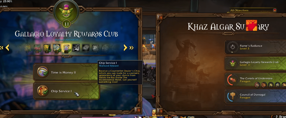 Rewards from Puzzling Cartel Chip dinars in World of Warcraft.