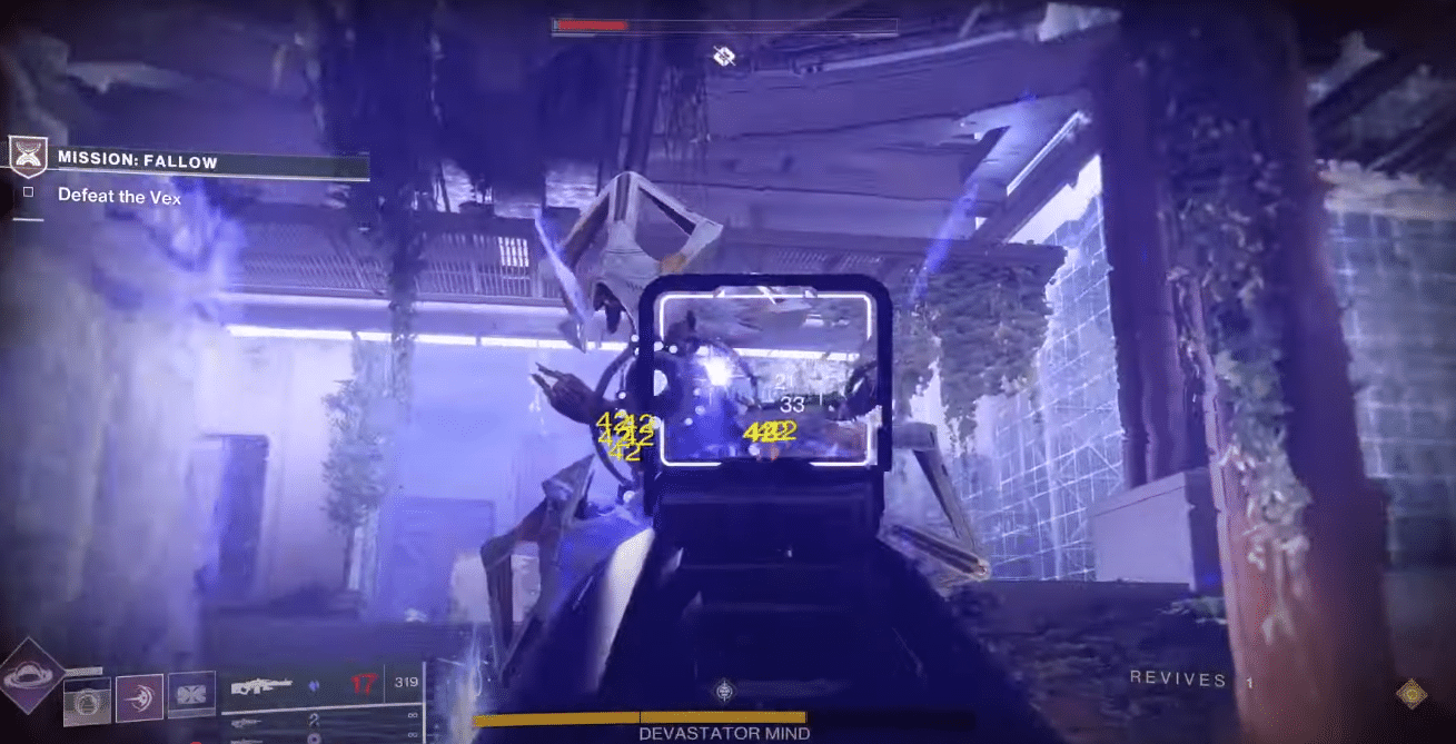 Removing Vex Shield and generator locations to defeat Devastator Mind in Destiny 2.