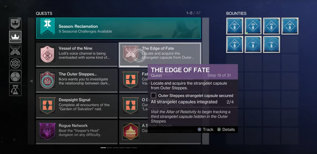 Locating and acquiring Strangelet Capsule location from Outer Steppes to complete Edge of Fate quest in Destiny 2.