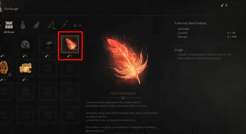 Lustrous Red Feather Requirement to Max Weapon Upgrade (Tier 10) in Wuchang: Fallen Feathers.