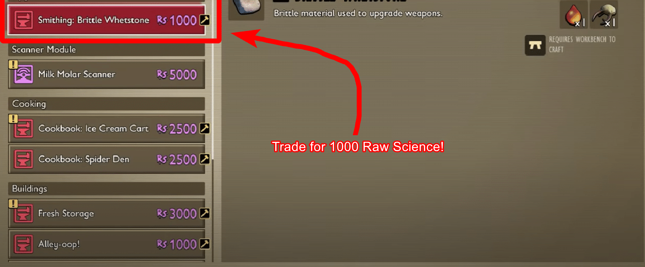 Using Ice Cream Truck Optical Disk and 1000 Raw Science to craft Brittle Whetstone without mining in Grounded 2.