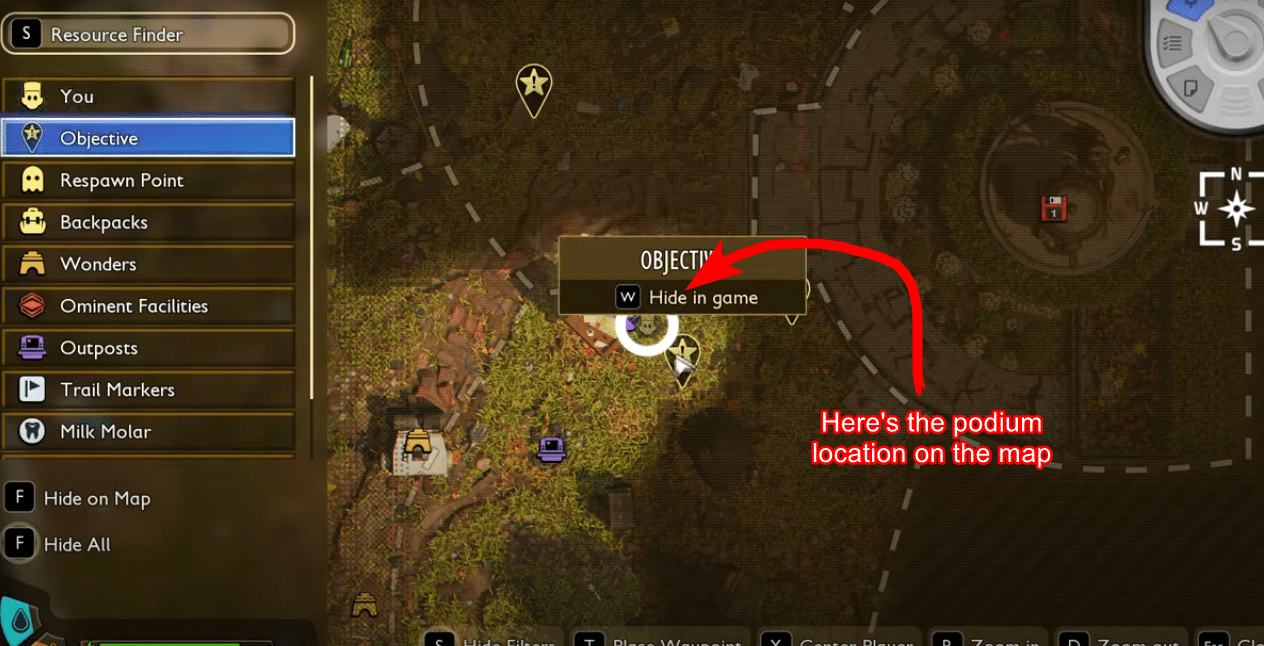 Podium Location shown on the map in Grounded 2.